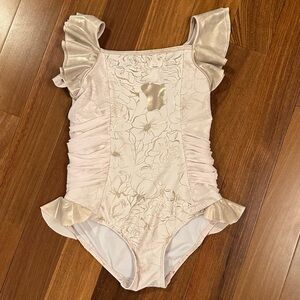 Disney Store Beauty & the Beast Belle Pink & Gold Ruffle Swimsuit Girls 7/8 -GUC